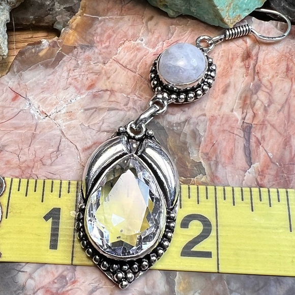 White topaz & rainbow moonstone earrings (Z-6) - Picture 4 of 5